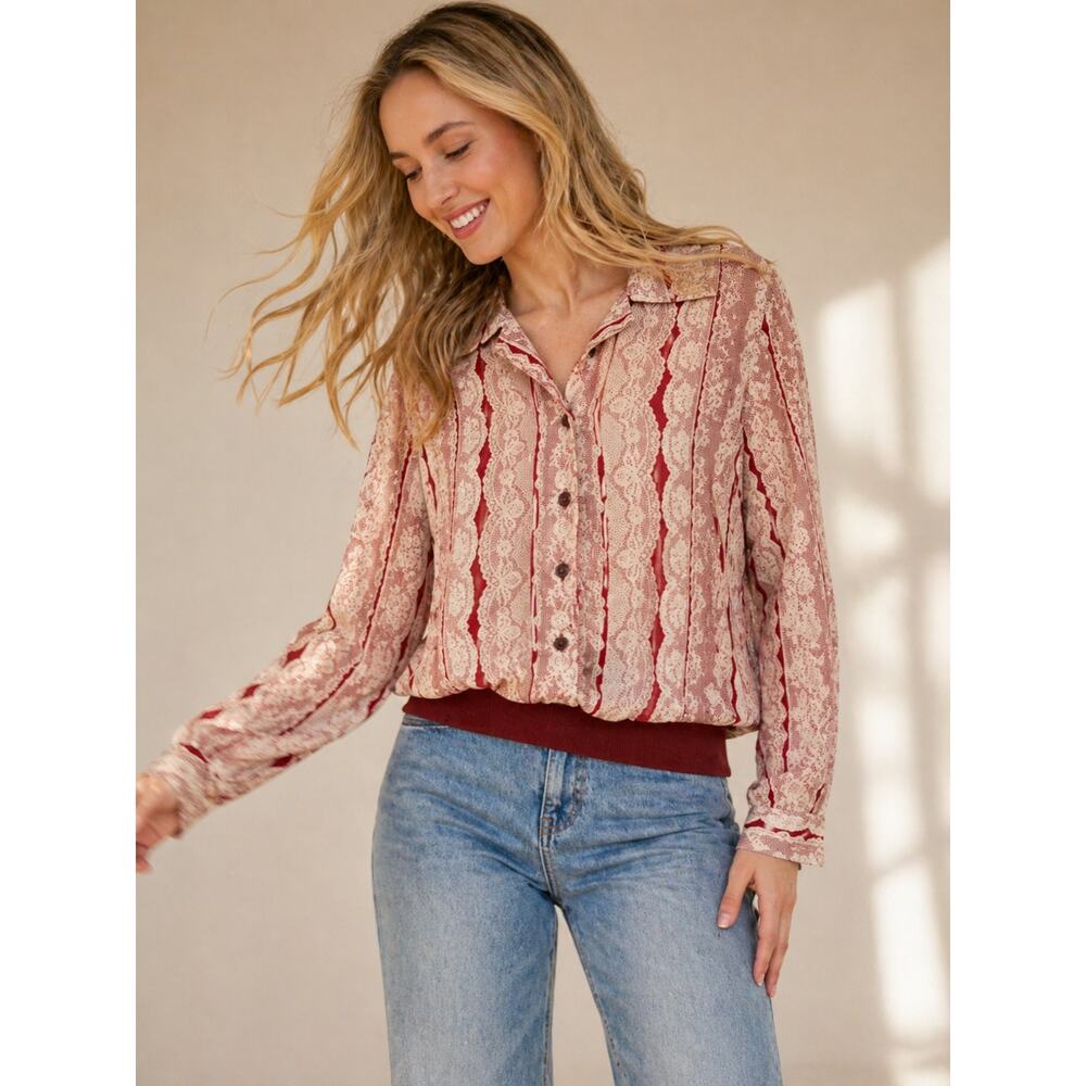 Red Cream Lace Print Button Front Blouse Long Sleeve Women’s 2XL